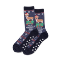 Pair of navy blue Christmas slipper socks. Features a Corgi dog wearing a Santa hat on a pile of presents.  White paw prints are on the bottom. 