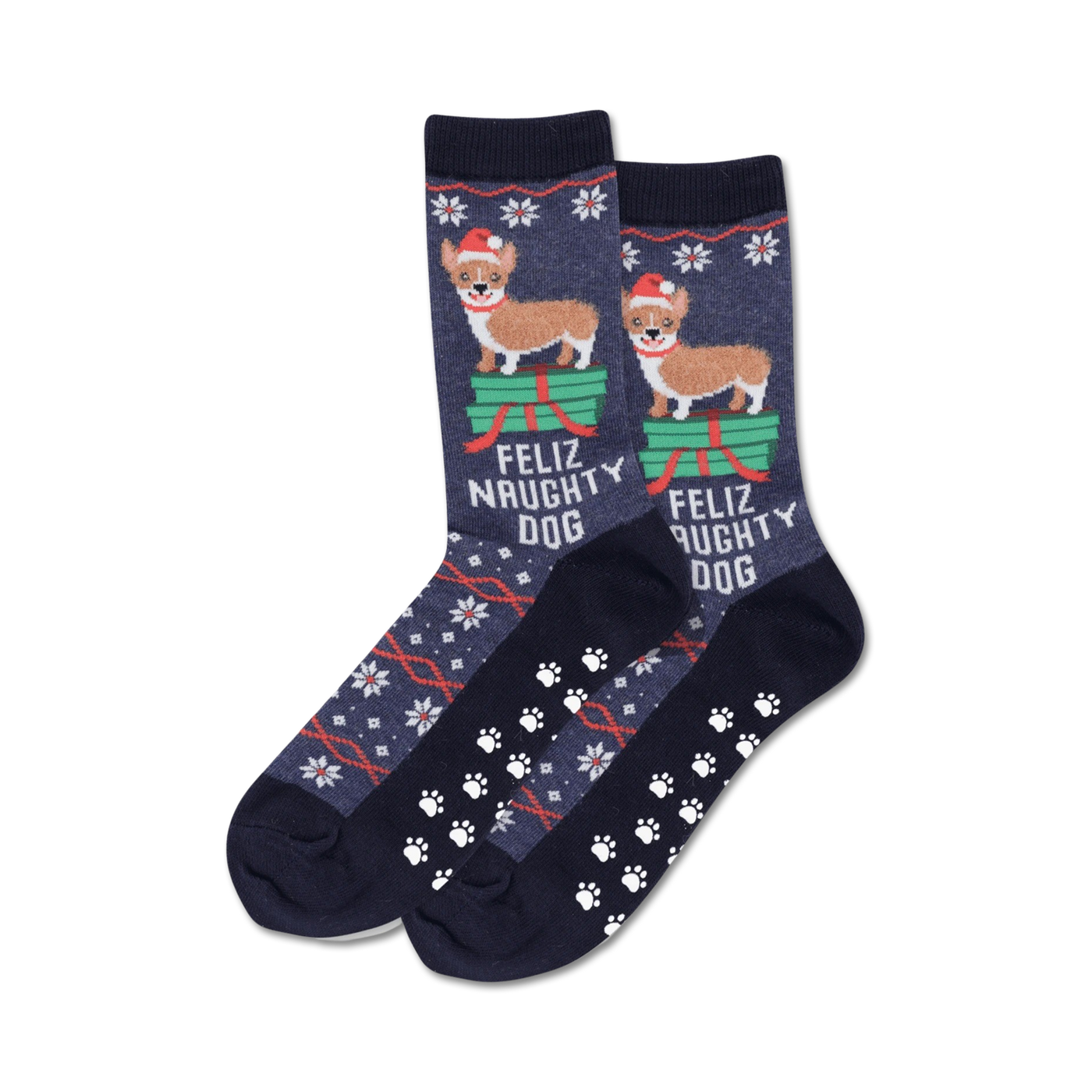 Pair of navy blue Christmas slipper socks. Features a Corgi dog wearing a Santa hat on a pile of presents.  White paw prints are on the bottom. 