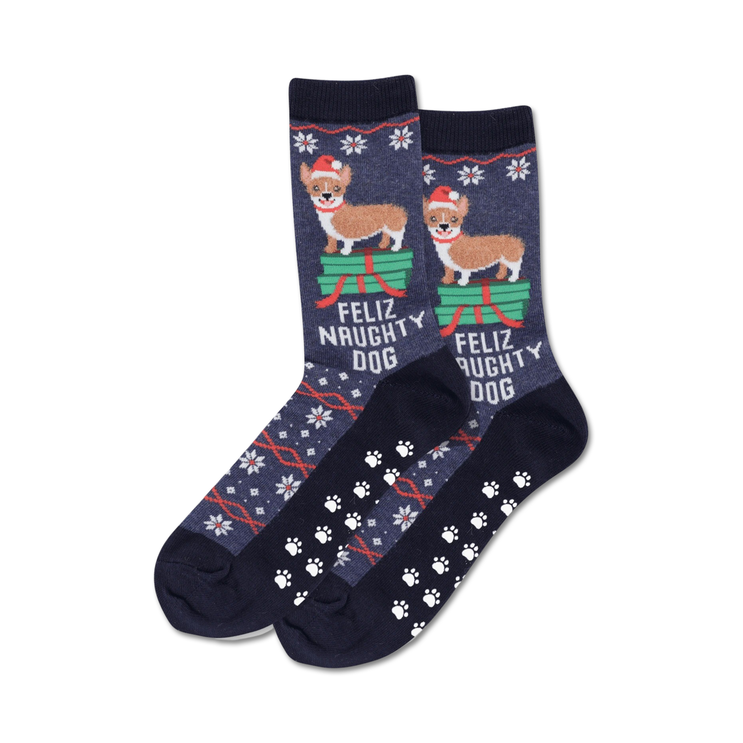 Pair of navy blue Christmas slipper socks. Features a Corgi dog wearing a Santa hat on a pile of presents.  White paw prints are on the bottom. 