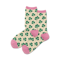 Pair of cream women's crew socks with a repeating shamrock pattern and pink heel and toe.