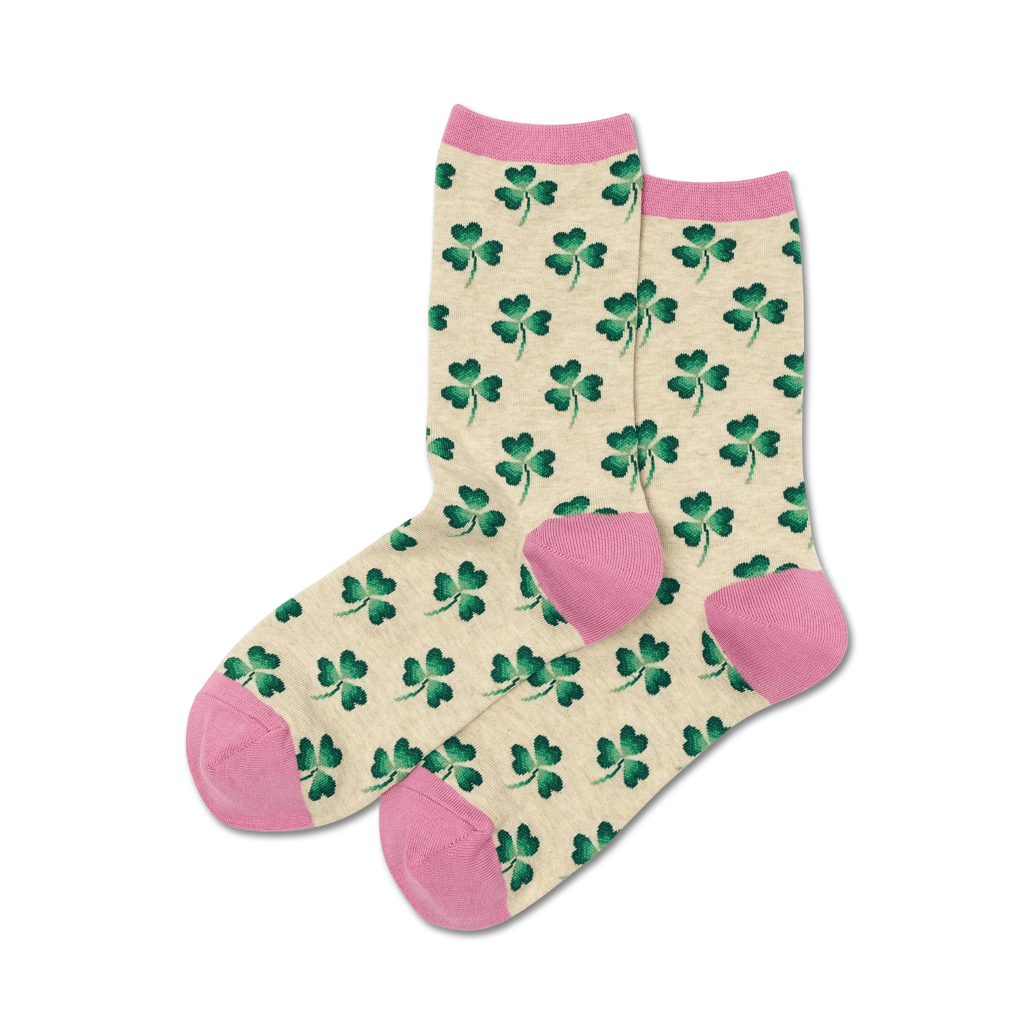 Pair of cream women's crew socks with a repeating shamrock pattern and pink heel and toe.