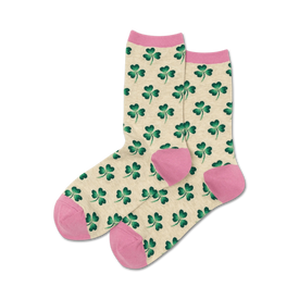 women's crew socks: clover pattern, light tan base, pink toes, heels, and cuffs, clover theme.  