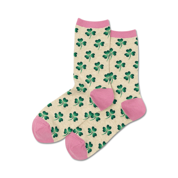 women's crew socks: clover pattern, light tan base, pink toes, heels, and cuffs, clover theme.   }}