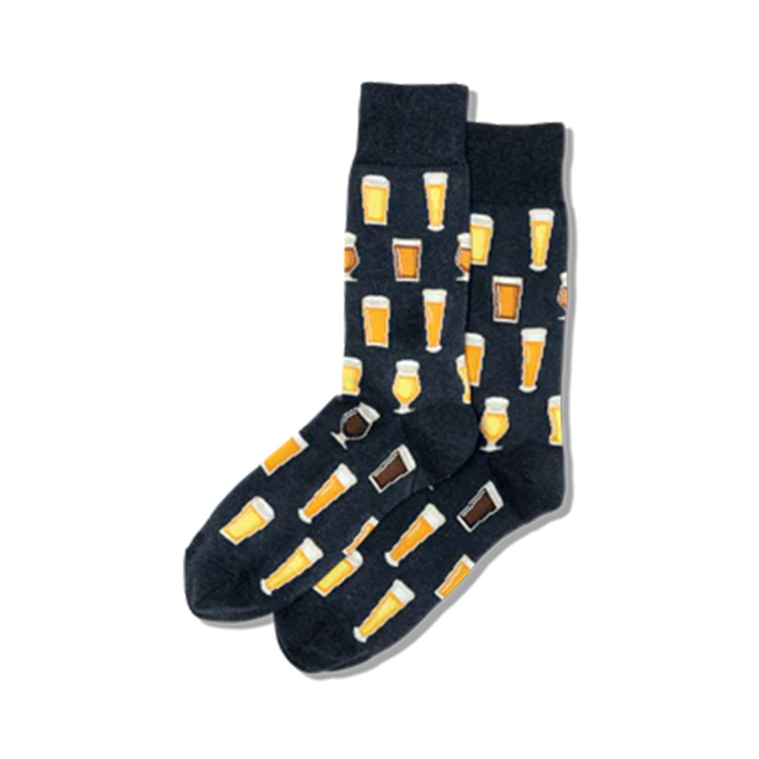 Pair of crew socks on black background. The socks have a pattern of various beer glasses in yellow and brown on a dark navy background.