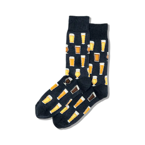 Pair of crew socks on black background. The socks have a pattern of various beer glasses in yellow and brown on a dark navy background.