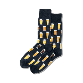black crew socks with an allover pattern of different styles of beer glasses filled with beer in shades of yellow, brown, and tan.   