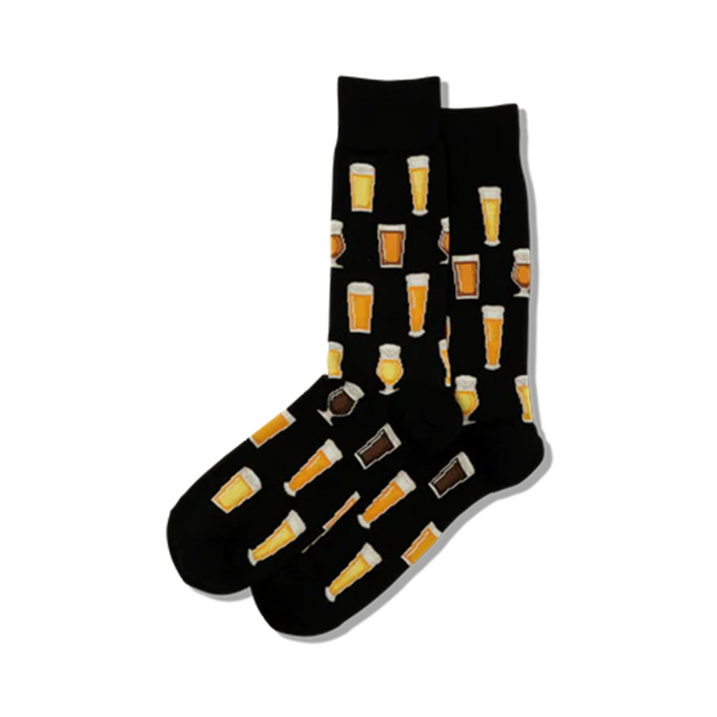 Lifestyle photo showing the socks on a person's feet. The socks' beer glass pattern is visible