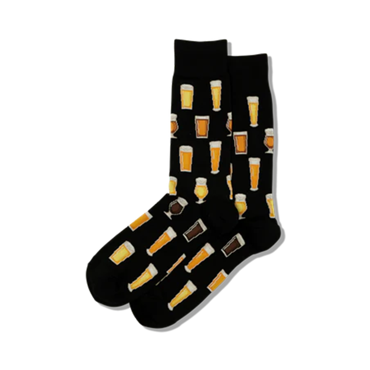 Lifestyle photo showing the socks on a person's feet. The socks' beer glass pattern is visible