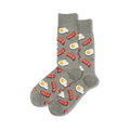 Pair of grey crew socks with a fun pattern of fried eggs and bacon.  A playful and quirky design for breakfast lovers!