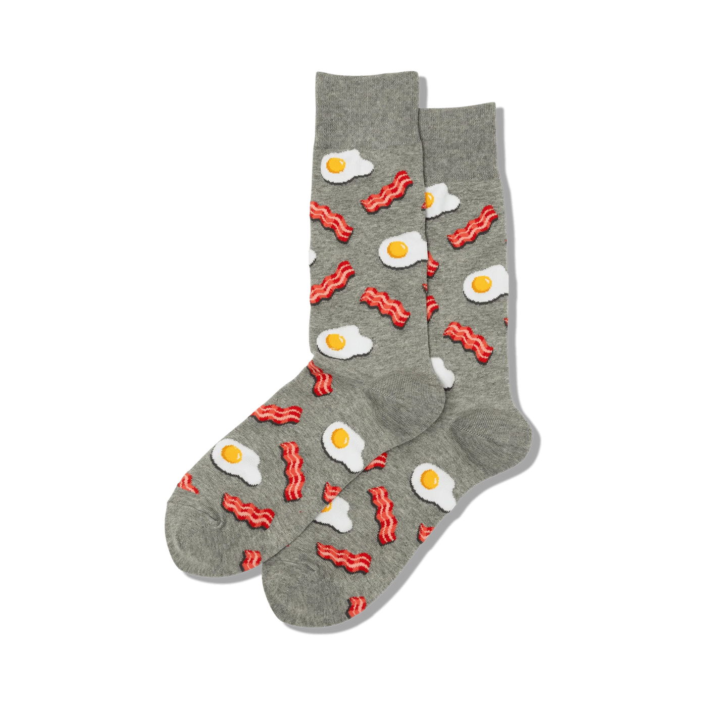 Pair of grey crew socks with a fun pattern of fried eggs and bacon.  A playful and quirky design for breakfast lovers!