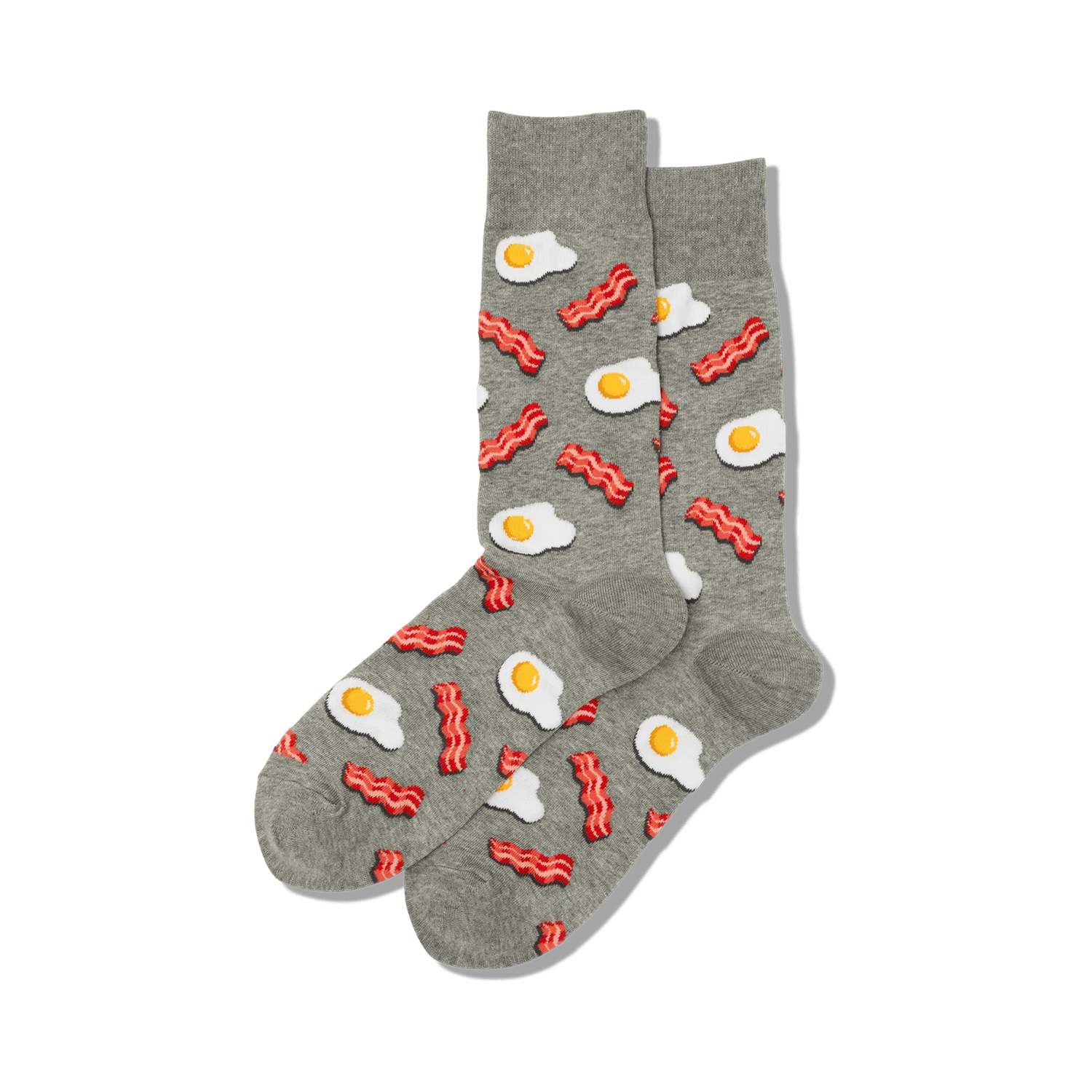 Pair of grey crew socks with a fun pattern of fried eggs and bacon.  A playful and quirky design for breakfast lovers!