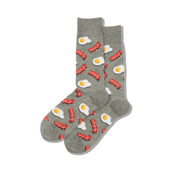 red and yellow crew socks with bacon and egg pattern   