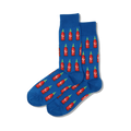 Pair of blue crew socks with a repeating pattern of red Sriracha bottles. Green bottle caps and white labels add a pop of color.