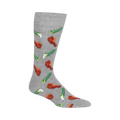 Grey crew socks with a fun pattern of cartoon chicken wings and celery. The design is playful and colorful, perfect for adding a fun touch to your style.