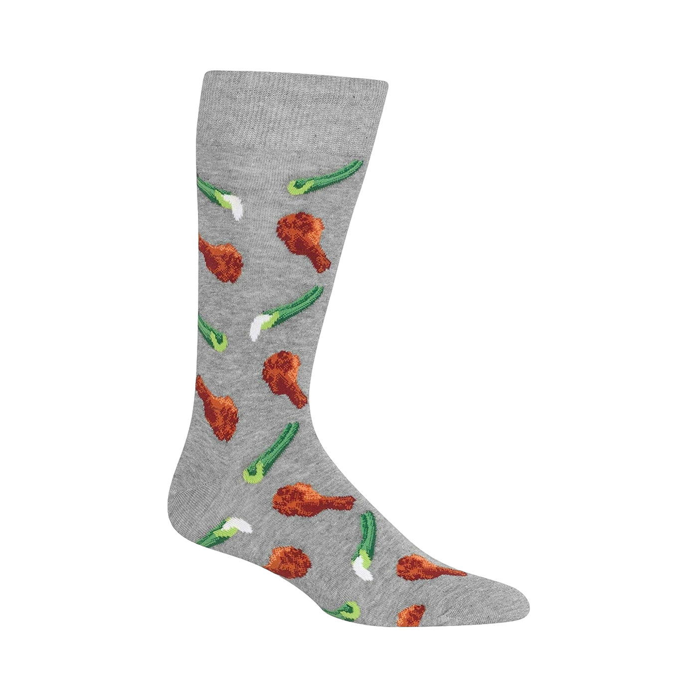 Grey crew socks with a fun pattern of cartoon chicken wings and celery. The design is playful and colorful, perfect for adding a fun touch to your style.