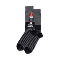 A pair of grey and black striped crew socks.  One sock features a cartoon gnome and the text 'You Don't Gnome Me'.