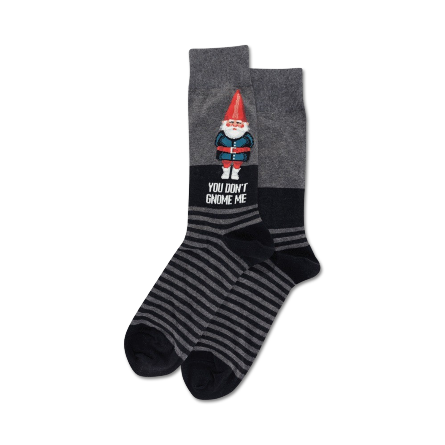 A pair of grey and black striped crew socks.  One sock features a cartoon gnome and the text 'You Don't Gnome Me'.