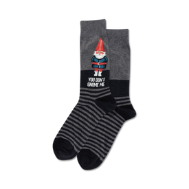 gray crew socks with black/white stripes, red pointy gnome hat, long white beard, blue shirt. funny socks for men.  