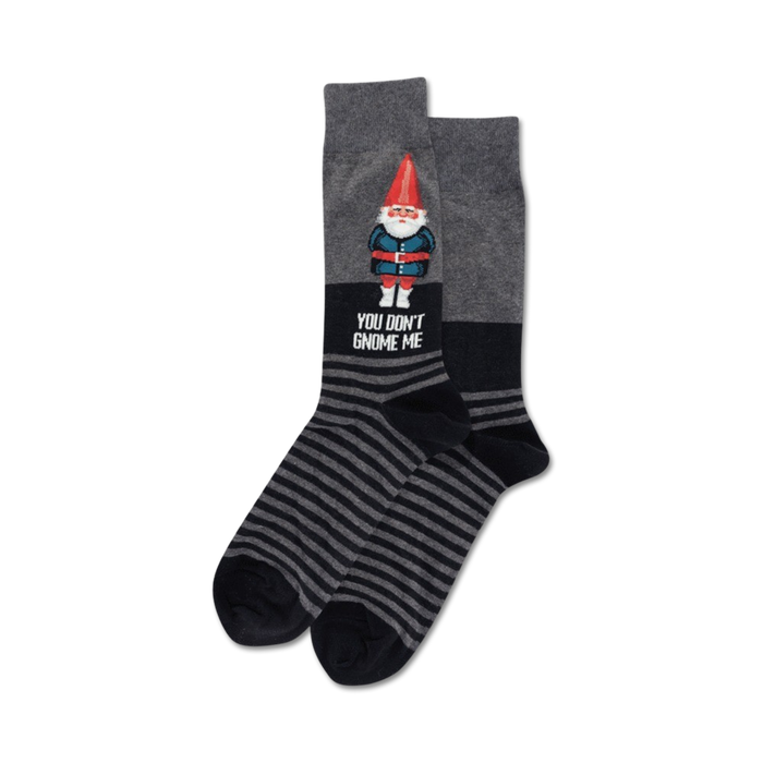 gray crew socks with black/white stripes, red pointy gnome hat, long white beard, blue shirt. funny socks for men.   }}