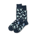 Pair of dark grey crew socks with a pattern of light teal astronauts and white planets.