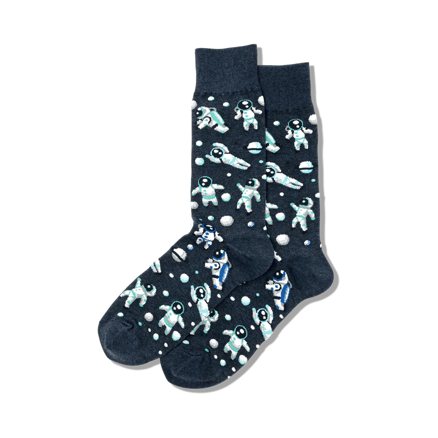 Pair of dark grey crew socks with a pattern of light teal astronauts and white planets.
