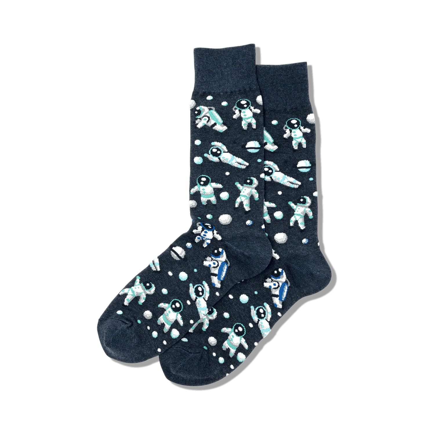 Pair of dark grey crew socks with a pattern of light teal astronauts and white planets.