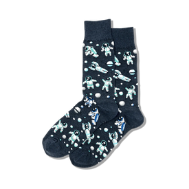 men's dark blue crew socks with an all-over pattern of cartoon astronauts floating, jumping, and tumbling among planets and stars.  