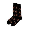Pair of crew socks, black with brown orangutan pattern.  Second image shows olive green socks with same design.