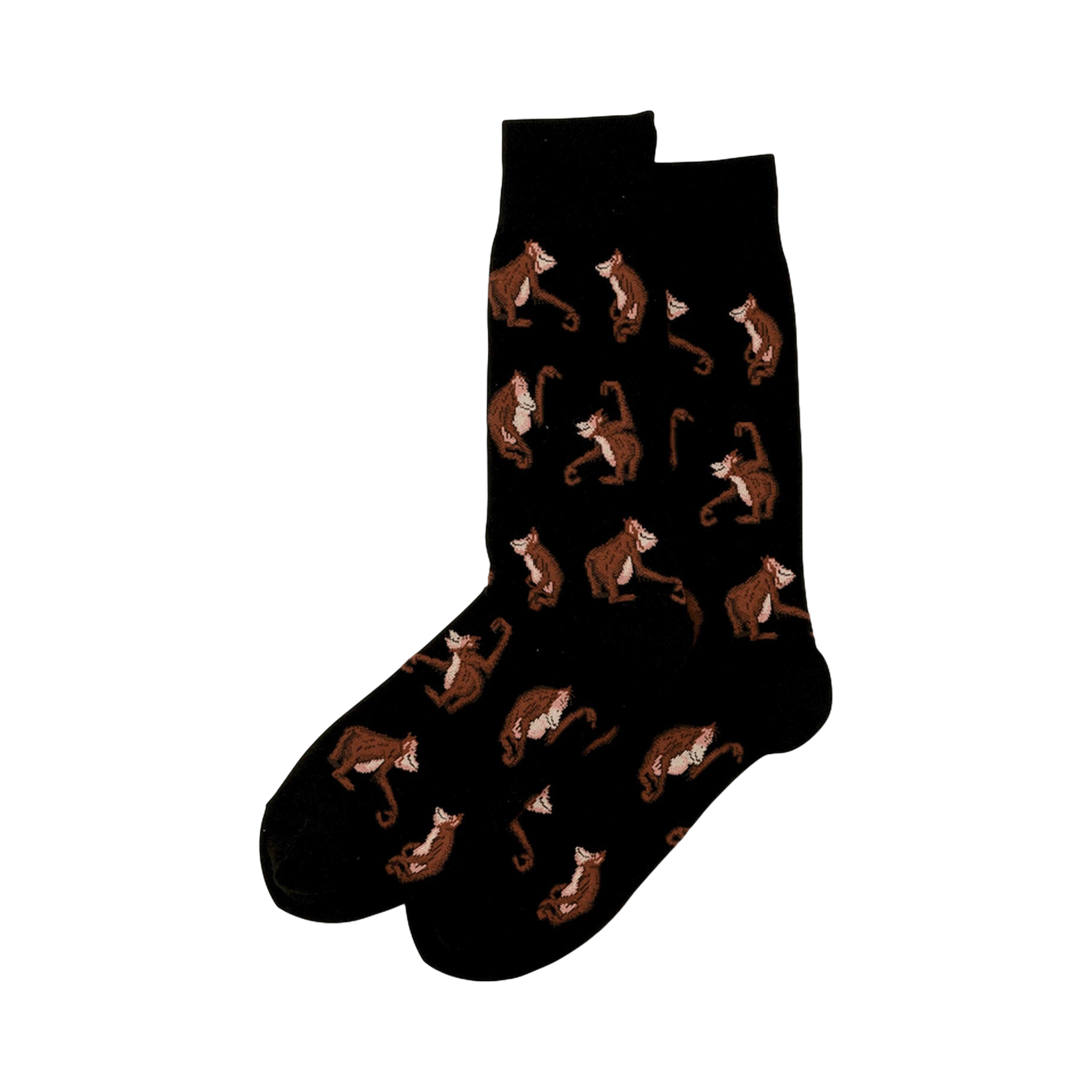 Pair of crew socks, black with brown orangutan pattern.  Second image shows olive green socks with same design.