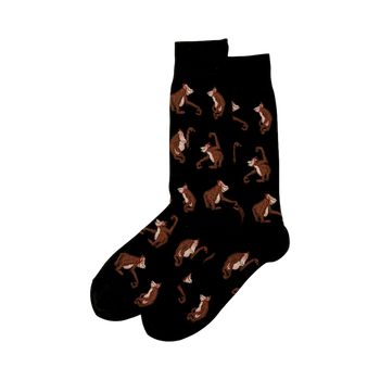 Pair of crew socks, black with brown orangutan pattern.  Second image shows olive green socks with same design.