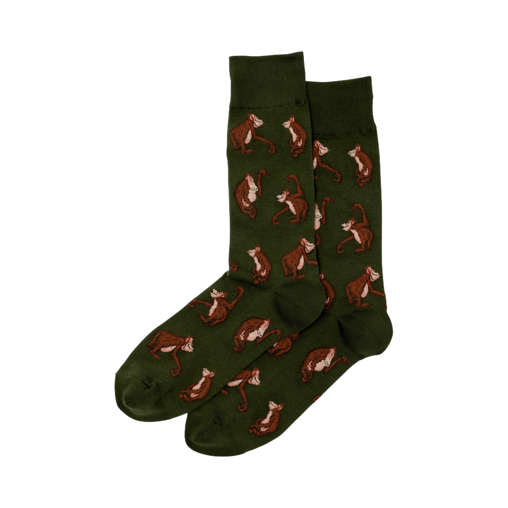 Lifestyle shot showing the olive green orangutan socks on a person's feet.