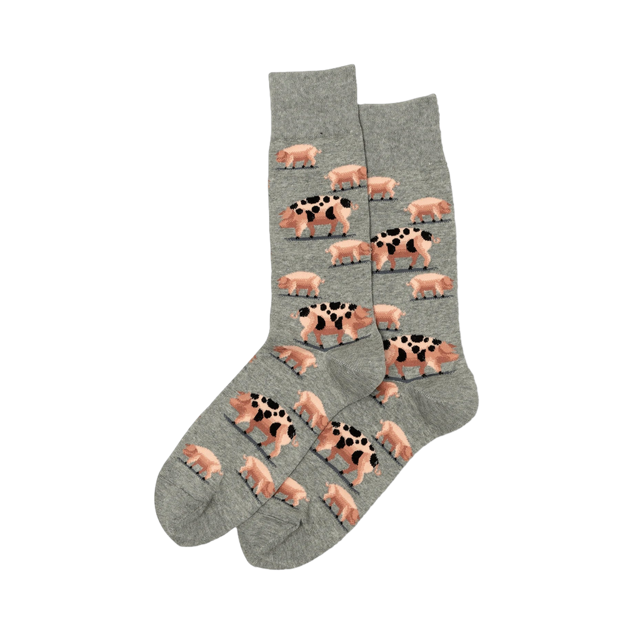 Pair of crew socks. Grey and olive green colors. Design features a repeating pattern of pink pigs with black spots.