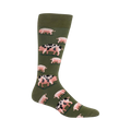 Lifestyle shot of a person wearing an olive green Spotted Pig sock. The sock is visible from the ankle up.
