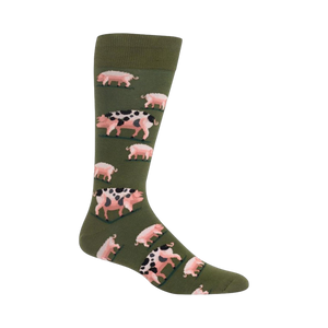 Lifestyle shot of a person wearing an olive green Spotted Pig sock. The sock is visible from the ankle up.