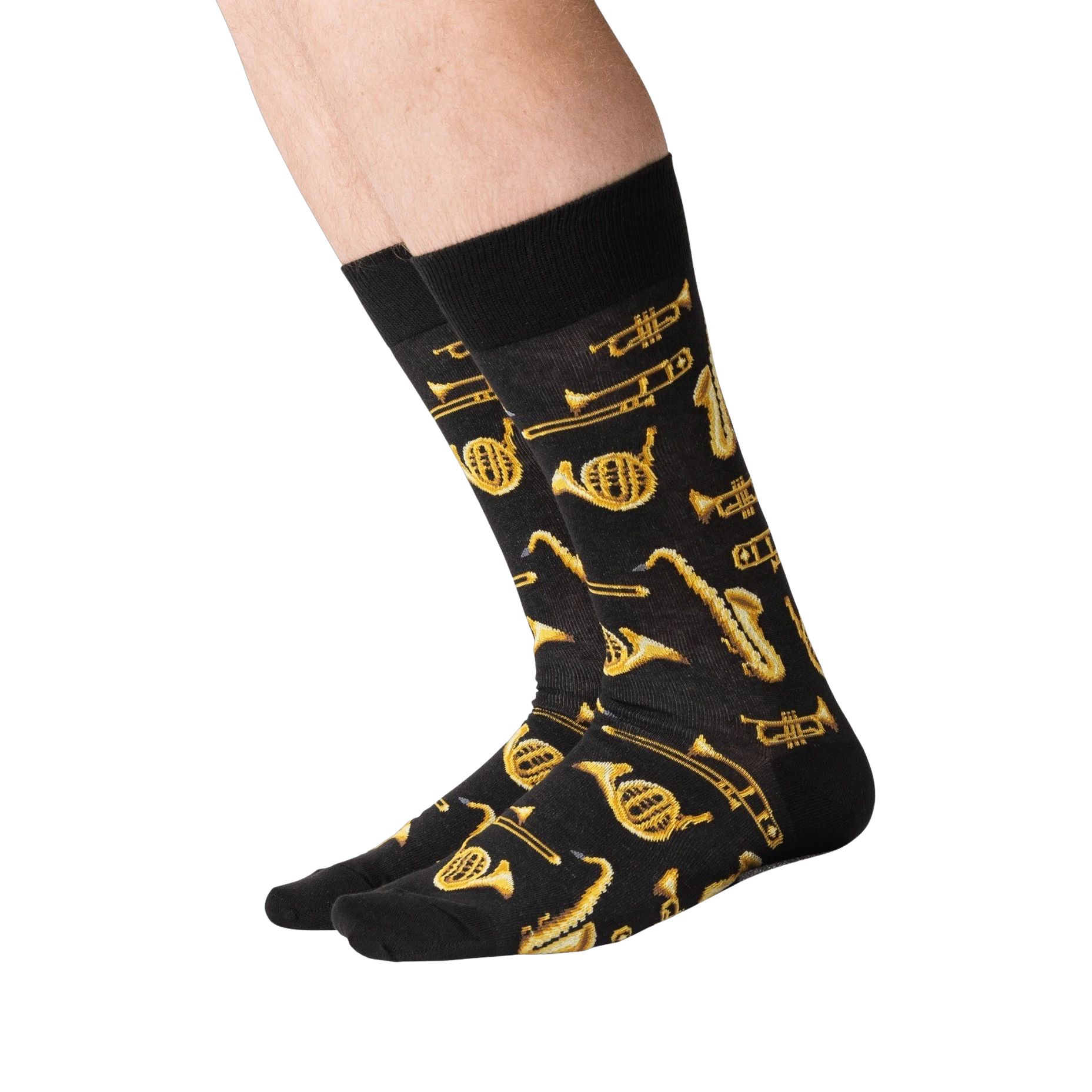 Lifestyle shot of a person's legs wearing black Jazz Instrument socks.