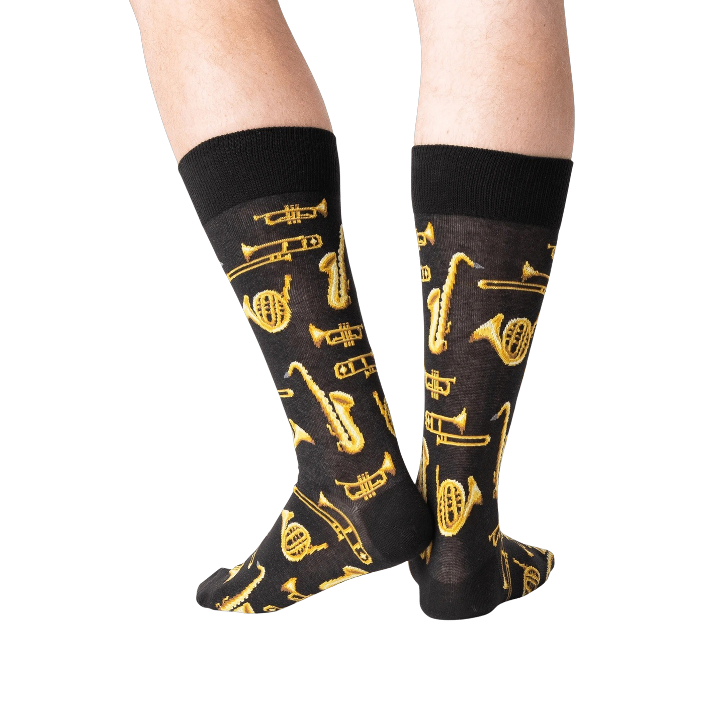 Back view of a person wearing black Jazz Instrument socks.