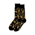 Pair of crew socks with a black background and a gold brass instrument print.  Saxophones, trumpets, trombones, and French horns are featured.
