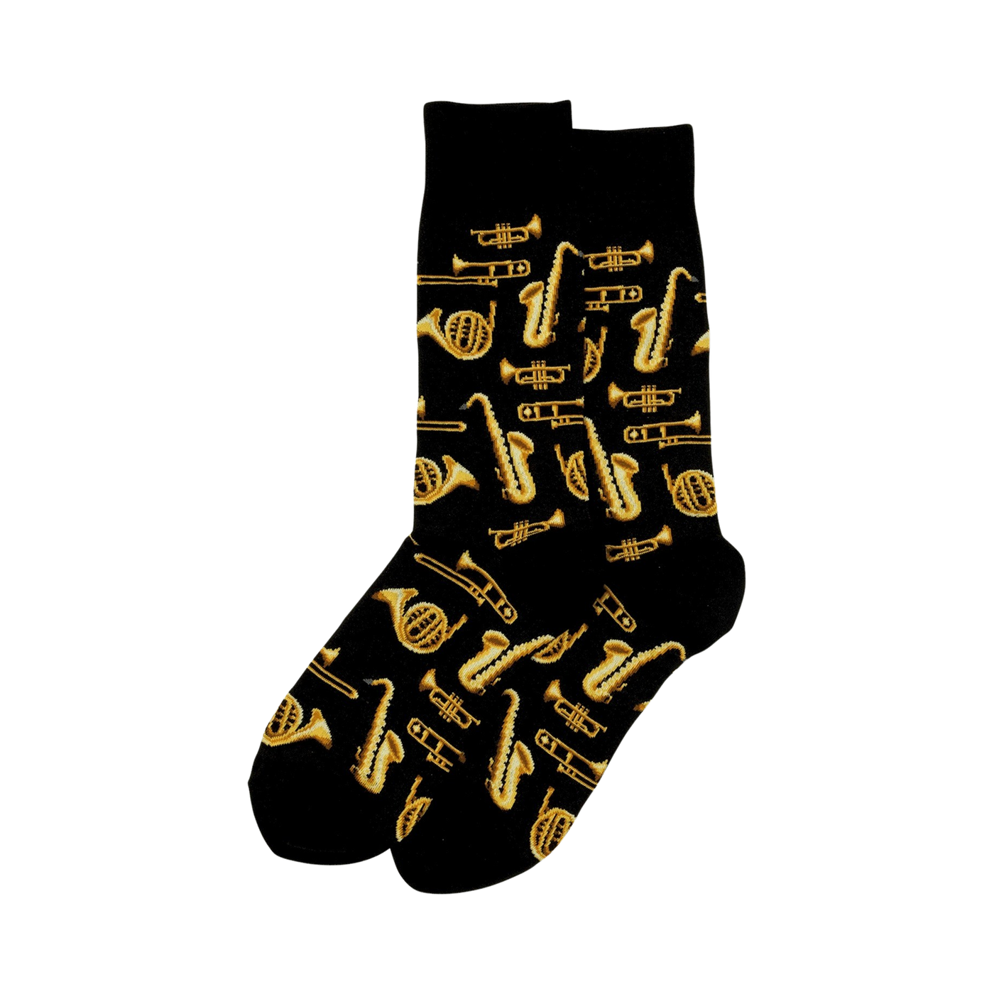 Pair of crew socks with a black background and a gold brass instrument print.  Saxophones, trumpets, trombones, and French horns are featured.