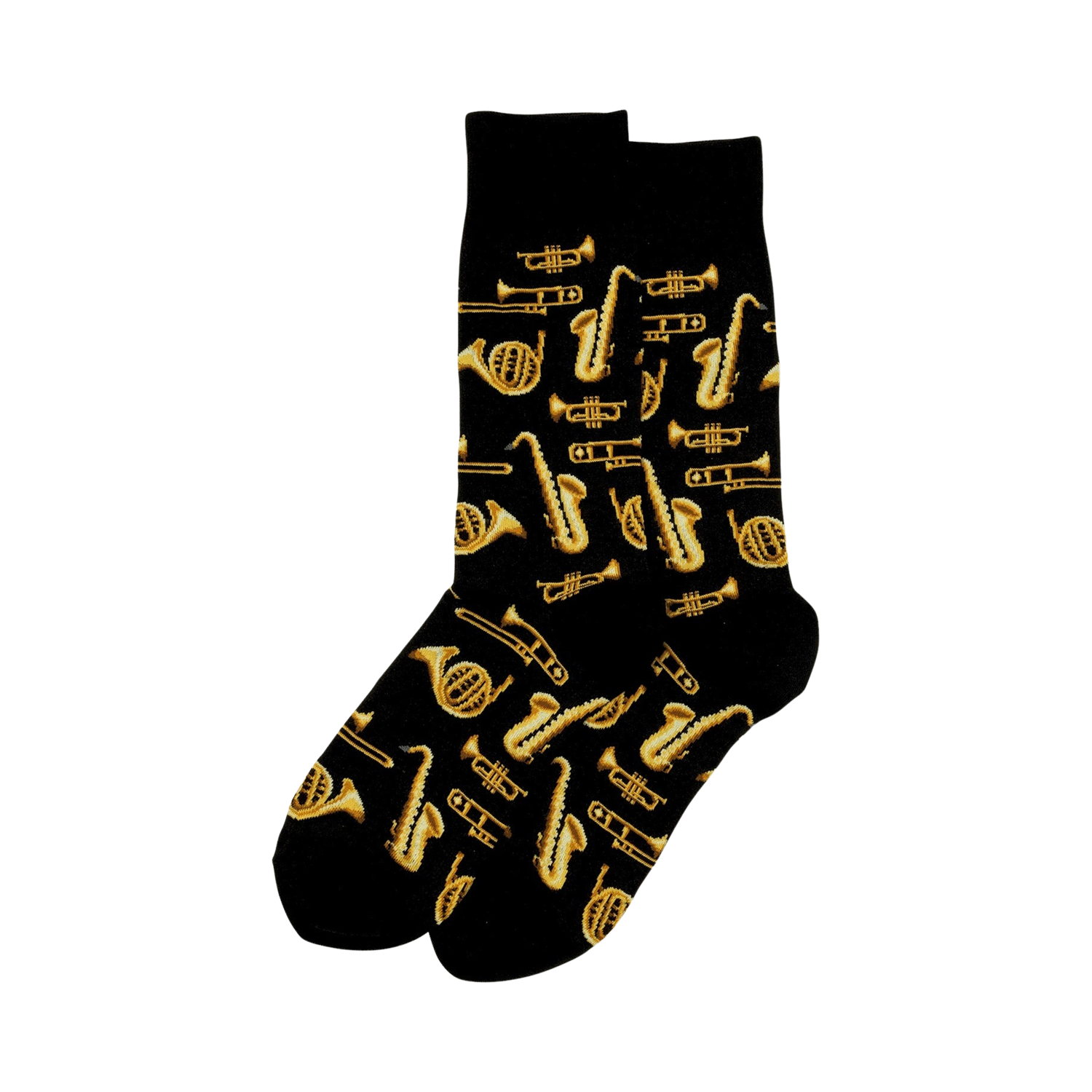 Pair of crew socks with a black background and a gold brass instrument print.  Saxophones, trumpets, trombones, and French horns are featured.