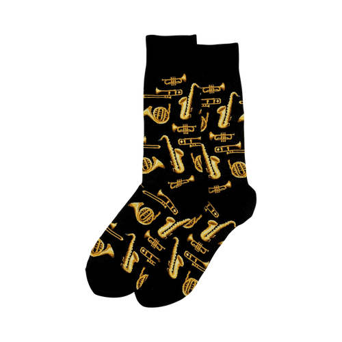 Pair of crew socks with a black background and a gold brass instrument print.  Saxophones, trumpets, trombones, and French horns are featured.