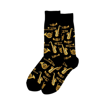 black crew socks with gold jazz instruments pattern: trumpet, trombone, saxophone, clarinet.  