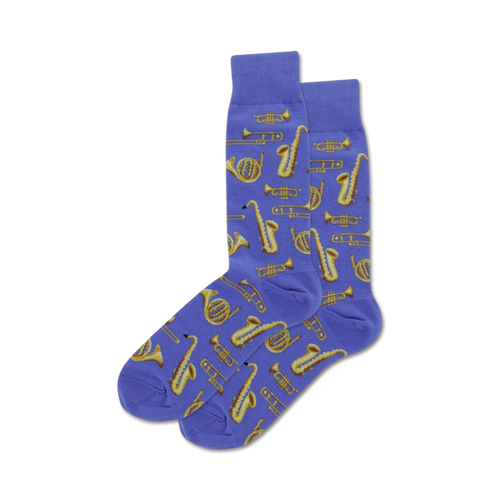 Jazz Instrument socks in blue shown on a white background.