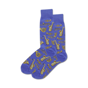 blue crew socks with gold jazz instruments pattern (saxophone, trumpet, trombone, clarinet).  