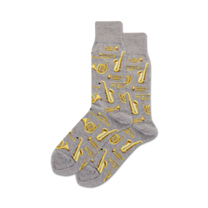 gray crew socks with gold-colored jazz instruments pattern for men.   
