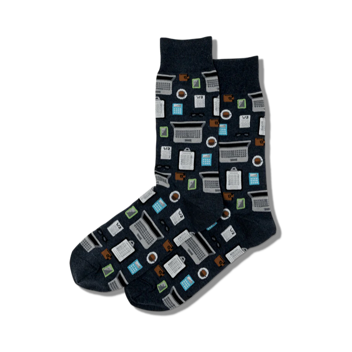 Pair of dark gray crew socks with an all-over print of laptops, calculators, coffee cups, and eyeglasses. 