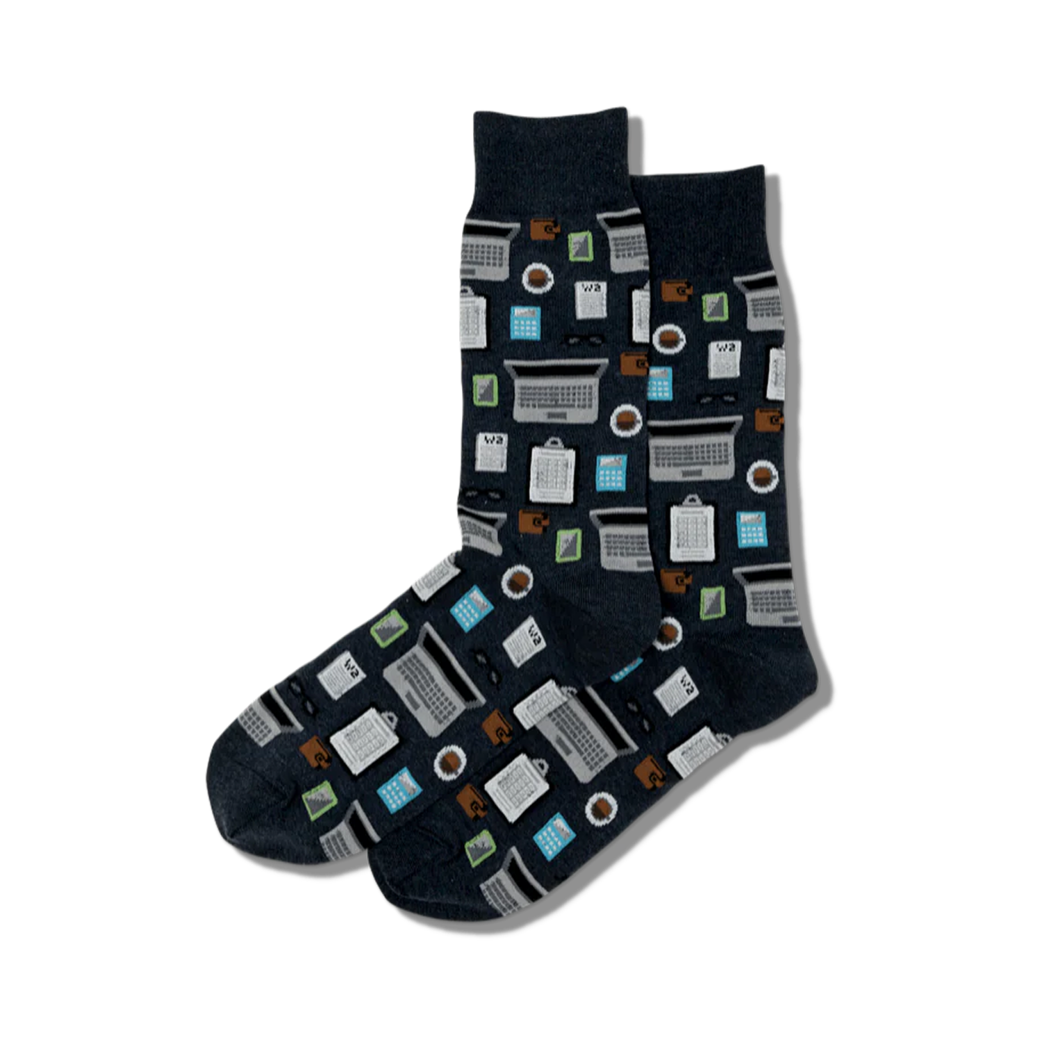 Pair of dark gray crew socks with an all-over print of laptops, calculators, coffee cups, and eyeglasses. 