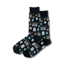 dark blue crew socks with images related to accounting; calculators, money, laptops, coffee cups, and clipboards; for men.  