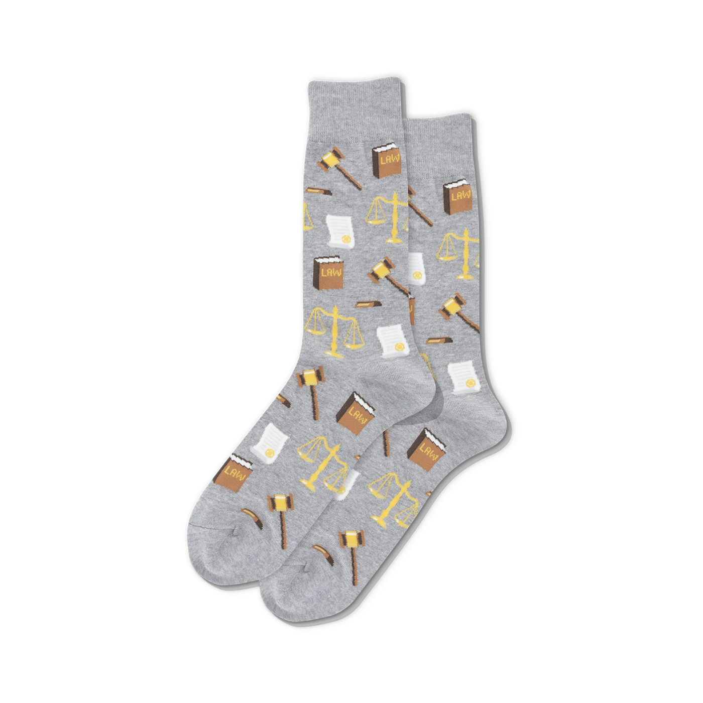 Pair of grey crew socks with a repeating pattern of gavel, scales of justice, legal documents, and the word 'LAW'.