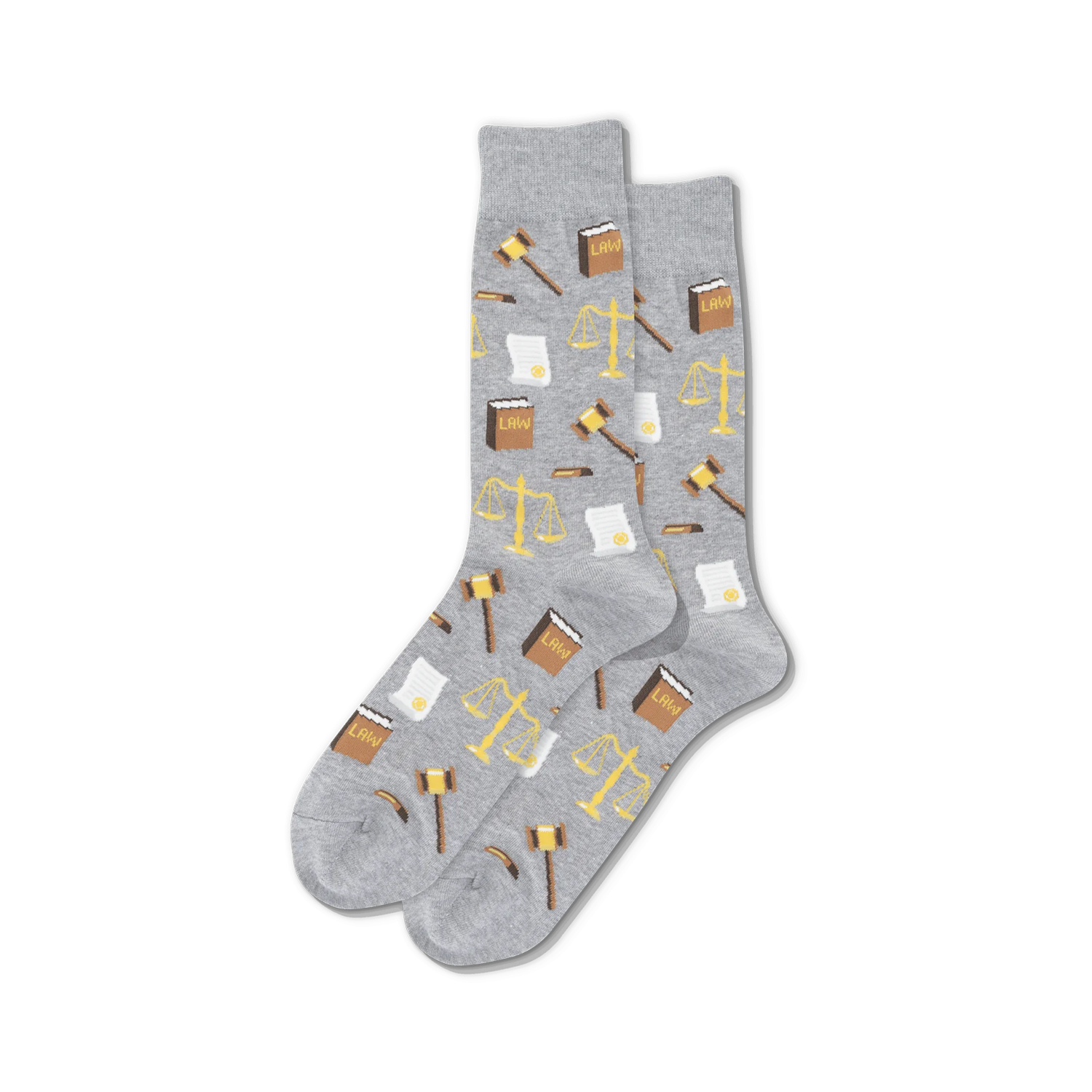 Pair of grey crew socks with a repeating pattern of gavel, scales of justice, legal documents, and the word 'LAW'.
