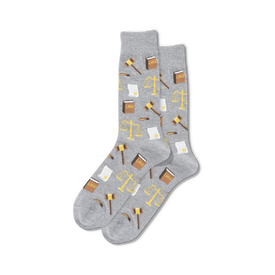 mens gray crew socks with yellow gavel, scale of justice and law book pattern, lawyer themed  